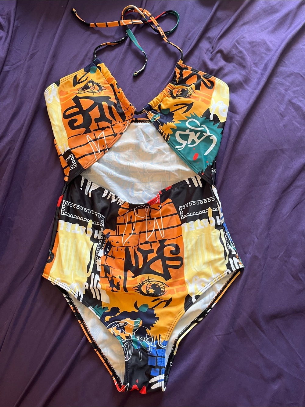 Graphic Halter One-Piece Swimsuit in Yellow and Black